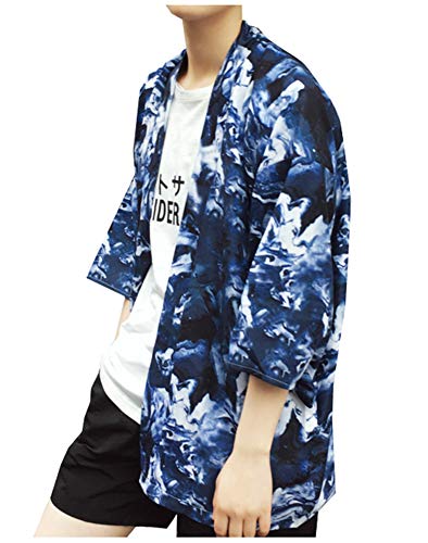 LifeHe Men's Japanese Printed 3/4 Sleeve Kimono Cardigan Jackets Open Front Coat (Blue, M)