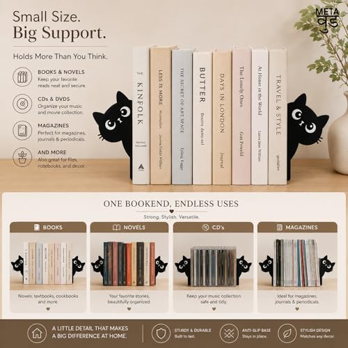 Image of Cute Kitten Metal Bookends Set of 2 - Heavy Duty Bookend for Shelves, Desk & Office, Decorative Book Organizer & Books Holder, Non Slip Metal Bookends for Books