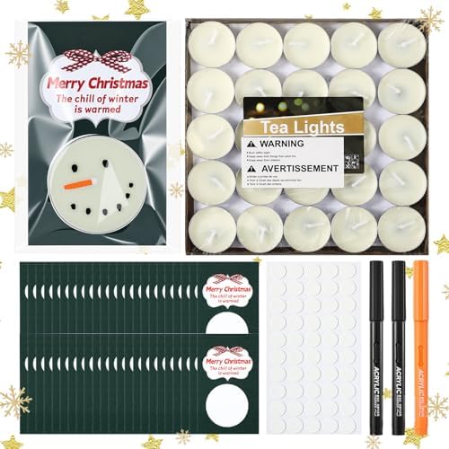 Wovnet Christmas Tealight Candles Set Include 50pcs DIY Tealight Candles 50 Glue Points Dots 50 Card and OPP Bag 3 Paint Pen for for Christmas Thanksgiving Home Decoration Gift (Classic)
