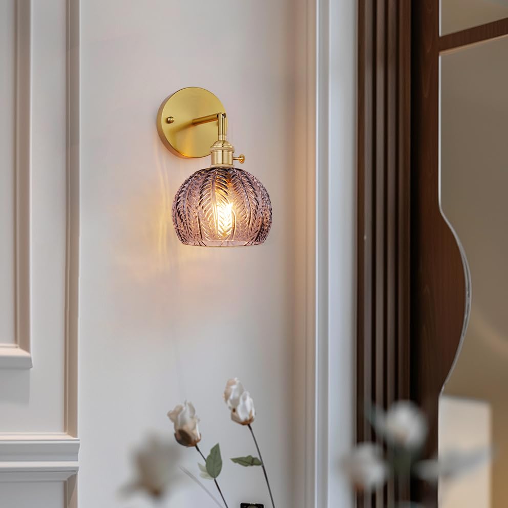 Image of Cerdeco Vintage Wall Sconce with Grey Leaf Glass Shade,180Adjustable Arm and Golden Base,Modern Indoor Wall Light Lighting for Bedroom