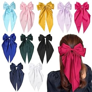 10 PCS Large Hair Bows for Women Girls Big Ribbon Bow Hair Clips with Long Tails Cute Hair Accessories for Women Girls Silky Satin Bows for Hair