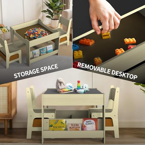 Image of Joyooss Kids Table and Chair Set,4 in 1 Wooden Activity Toddler Table and Chairs Ages 3-7,2 in 1 Tabletop Drawing Reading Crafts Toddler Desk for Playroom,Kid Art Desk for Nursery Storage