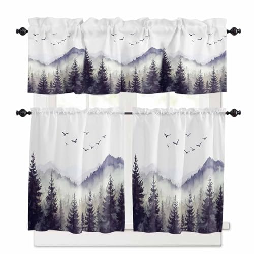 Purple Foggy Forest Kitchen Curtains 24 Inch Length,3 Piece Rod Pocket Small Half Tiers and Valance Set,Country Mountain Birds Pine Trees Small Large Window Treatment Decor for Bedroom/Bathroom Sink