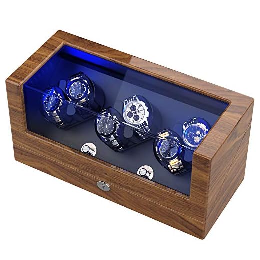 TRIPLE TREE Watch Winder, for Rolex Automatic Watches with Soft and Flexible Watch Pillows, Wooden Shell, Powered by Japanese Motor, with Built-in Blue LED Illuminated