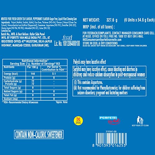 Image of Mentos Pure Fresh, Sugarfree Mint Flavour, Chewing Gum Bottle Pack, 327.6 g- Pack of 12