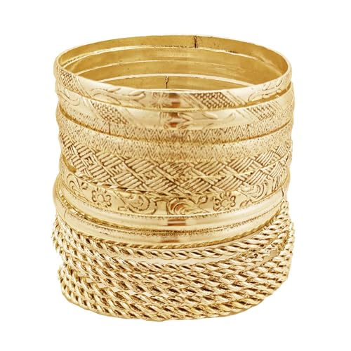 FUNOJOY Gold Bangle Bracelets for Women Multi Layer Stackable Textured Bracelets Boho Jewelryfor Women - 16Pcs (Gold-vintage)