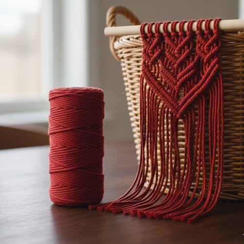 Macrame Cord 3mm x 109 Yards, Natural Cotton Twisted Rope Craft Cord on Spool for Wall Hanging, Plant Hangers, DIY Crafts, Burgundy