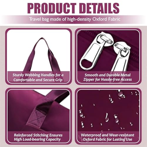 Image of JD Fresh 41 Liter Foldable Travel Bags for Women /Nylon Duffle Bags /Expandable Vanity Travelling Luggage Handbags /Waterproof & Lightweight Shopping Bag for Personal Items (Dark Purple)