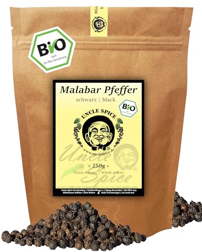 UNCLE SPICE® BIO Malabar Pfeffer - 250g schwarzer BIO Pfeffer ganz - Tigerpfeffer - Hochland...
