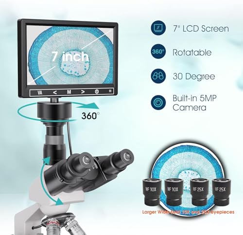 Image of Microscope for Adults with 40X-2500X Magnification, Lab Trinocular Compound Microscope with Thermostat Stage, 7'' LCD Screen, Built-in 5MP Camera for Lab School (Constant Temperature)