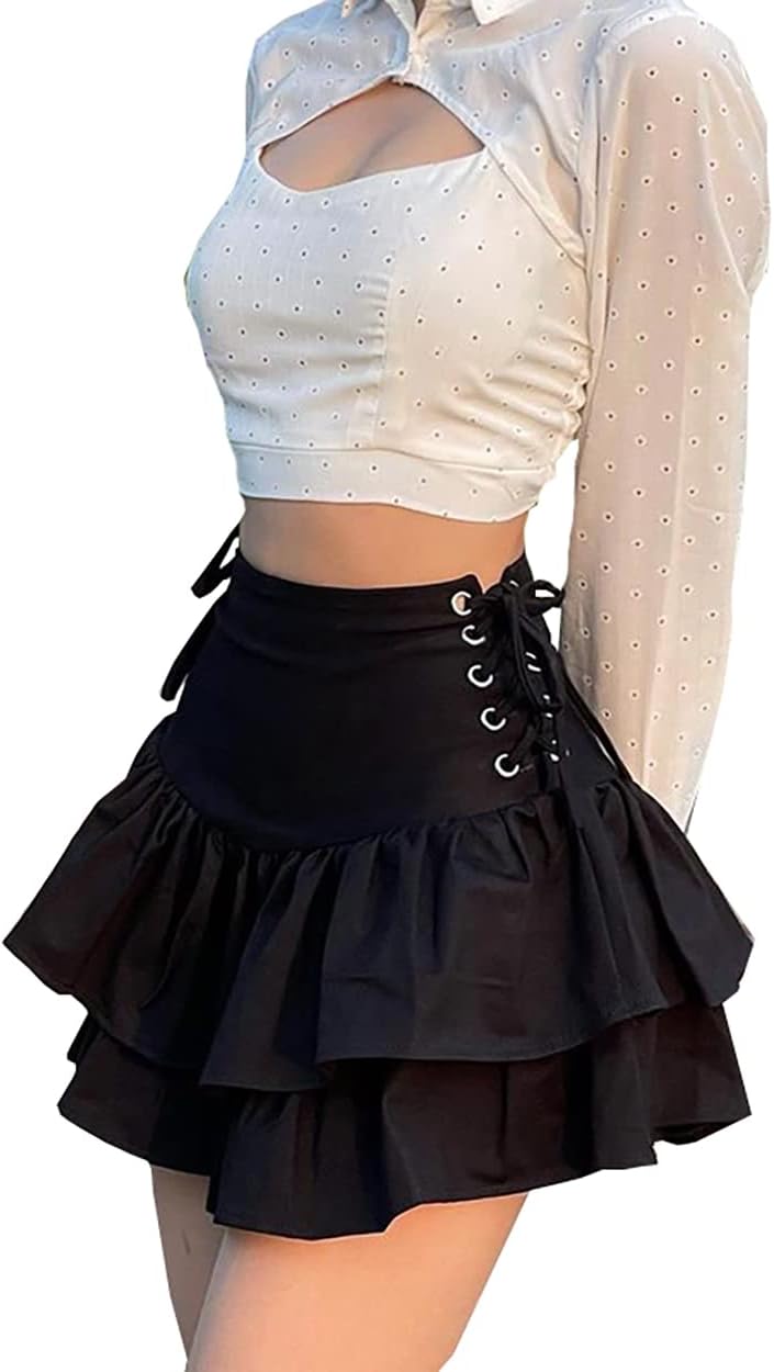Womens Ruffle Tie Close Skirts Black Mini Skirt High Waist Goth Punk Skirt Girls Pleated Skirt Summer - Image 4