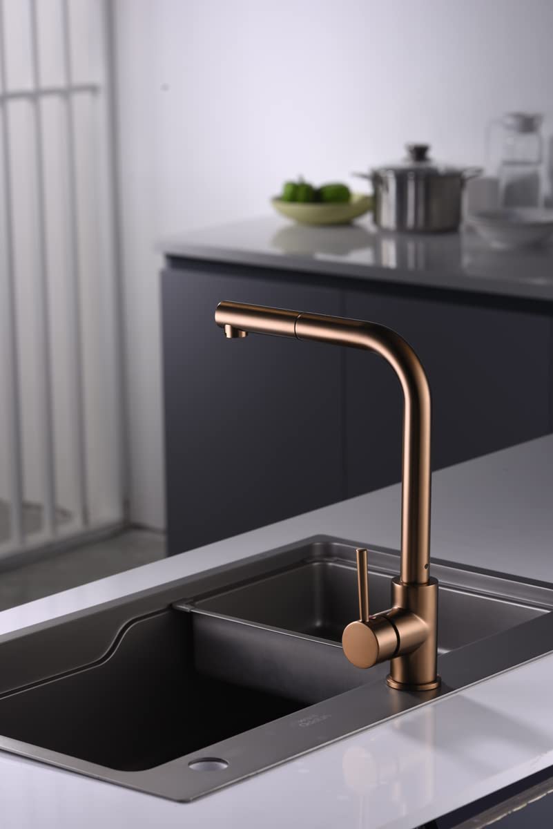IMEX Grifo Cocina Fregadero Extraible - MALTA Grifo Cocina Monomando con Caño Extraíble, Cartucho Cerámico Ø35mm, Cuerpo de Latón, Acabado y Diseño Moderno y Elegante (ORO ROSA CEPILLADO)