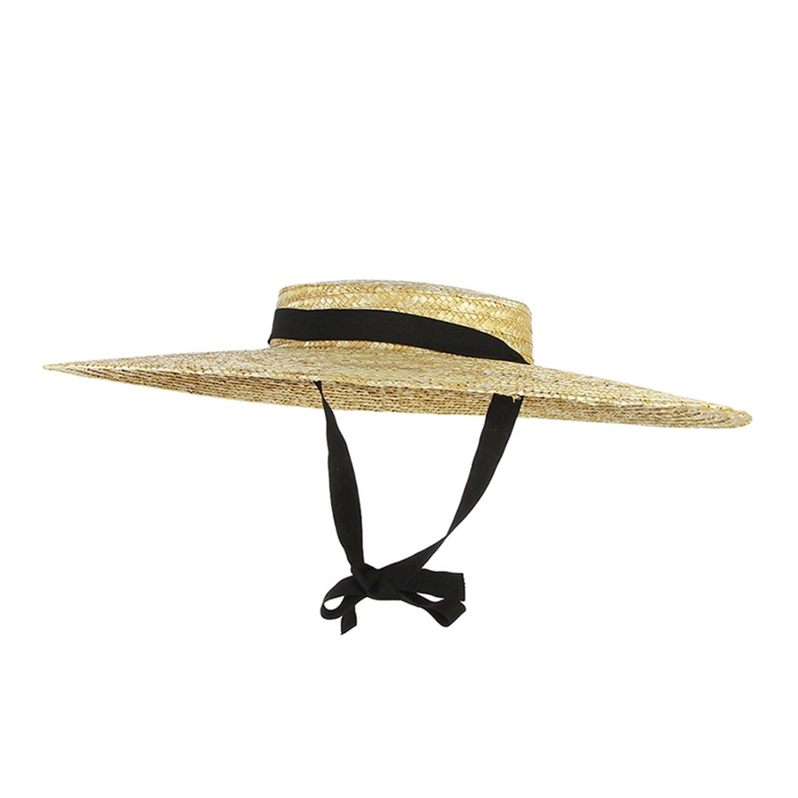 Generic Sombrero de ala ancha para mujer, sombrero de paja para mujer, sombrero plano de verano con cinta blanca y negra para el sol, gorra de playa