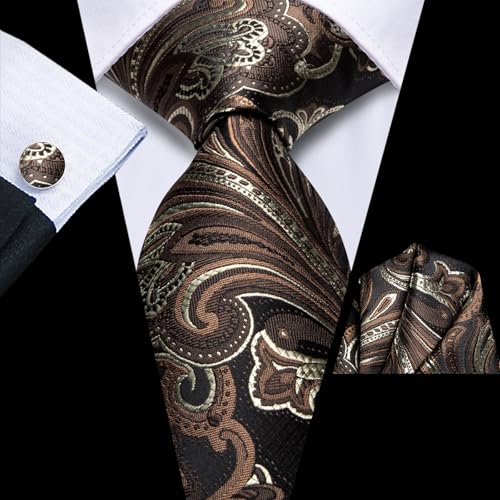 Image of Hi-Tie Men Silk Ties Set with Flower Lapel Pin Necktie Pocket Square Cufflinks for Tuxedo Wedding Business