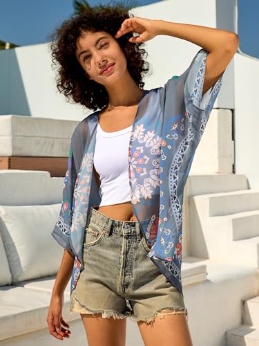 Image of Chunoy Women Summer Casual Open Front Blouse Top Lightweight Chiffon Kimono Beach Wear Cover Up Grey XX-Large
