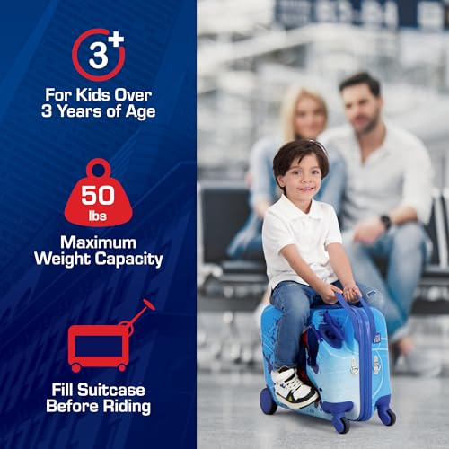 FUL Marvel Spider-Man 19 Inch Carry On Luggage, Kids Ride On Suitcase with Spinner Wheels, Hardshell Rolling Travel Trolley, Blue3