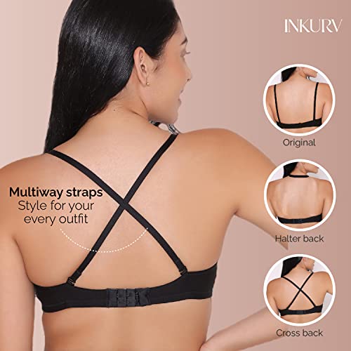 Image of INKURV Cotton Rich Padded T-Shirt Bra for Women, Seamless, Non-Wired with Detachable Straps, Sweet Heart Neckline, Everyday Bra 3 /4th Coverage with no spillage- ROMI Combo of 2