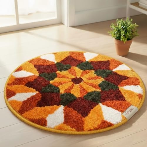 Image of Rangoli (60x60 cm) Super Soft Microfiber Decorative Mat Anti-Skid Door Mats for Home /Bathroom Mat /Bedroom /Kitchen /Floor Mat (Maroon & Orange)