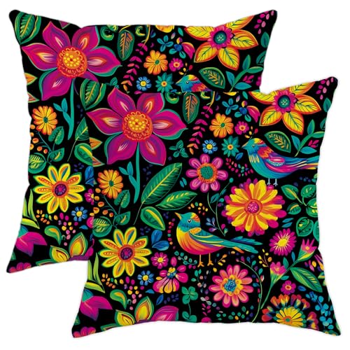 Fundas de almohada vibrantes para exteriores, diseño floral colorido, impermeables, decoración de jardín de verano para patio, porche, tienda de campaña, sofá, banco, silla, 45,7 x 45,7 cm