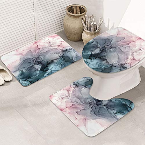 4 Pcs Abstract Pastel Blush And Blue Ombre Ink Art Bathroom Combination Set Shower Curtain Sets With Non-Slip Rugs+U-Shaped Contour Mat+Toilet Lid Cover, Waterproof Wear Shower Curtains With 12 Hooks #TOP2