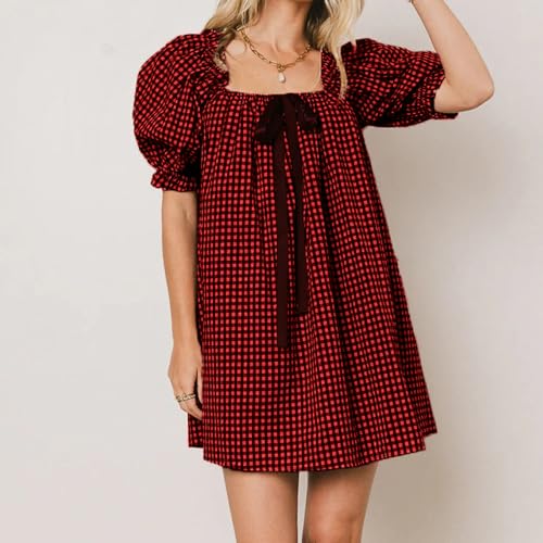Image of Women Y2k Puff Sleeve Babydoll Dresses Square Neck Tie Back Mini Dress Summer Solid Off Shoulder Flowy Sundress