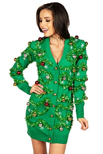 Tipsy Elves' Women's Gaudy Garland Cardigan Sweater Dress - Classic Green Holiday Outfit Size Medium
