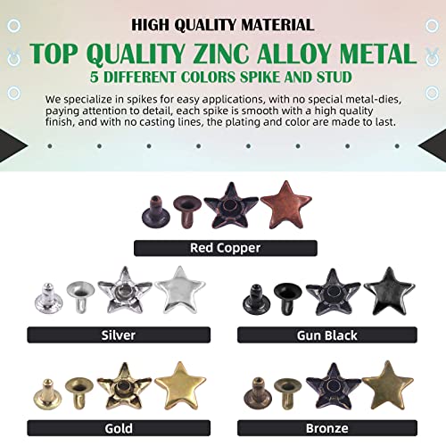 Keadic 351Pcs 5 Colors 12Mm(15/32”) Metal Star Rivet Studs Assortment Set With Punch, 5-Star Spikes Screwback Button Stud Nailhead Punk Garment Rivets For Diy Leather #TOP2