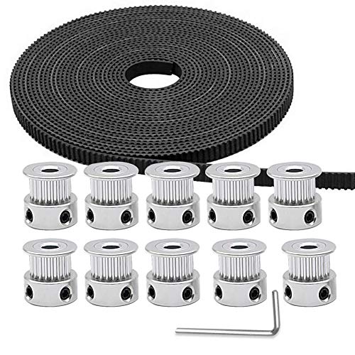 GT2 Timing Belt Pulley, 10pcs 5mm 20 Teeth Timing Pulley Wheel and GT2 5 Meters Rubber 2mm Pitch 6mm Wide Timing Belt with Allen Wrench for Reprap, Prusa, MendelMax, 3D Printer CNC