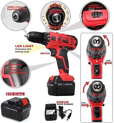 Spacmirrors 1.600 U/min 21 V Lithium-Ionen-Akku-Kompakt-Schlagbohrschrauber, 35 N hohes Drehmoment, mit Akku und 1… – Bild 7