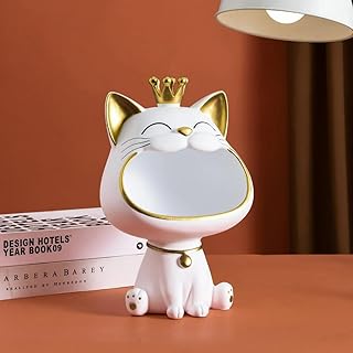 حامل حلية الزينة على شكل قطة، تصميم تاج بلون أسود وذهبي، منظم سطح المكتب للمفاتيح والاكسسوارات، لون أبيض