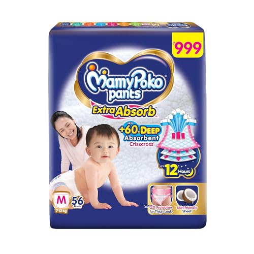 MamyPoko Pants Extra Absorb Baby Diapers, Medium (M Size) | 7-12 kg | 56 Count |Deep Sleep Diapers| Soft Gentle fit |Deep Absorbent Crisscross | Skin Friendly with Coconut Oil |