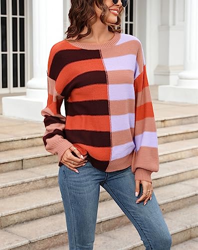 Image of chouyatou Women's Casual Crew Neck Color Block Striped Patchwork Knitted Pullover Sweater Tops