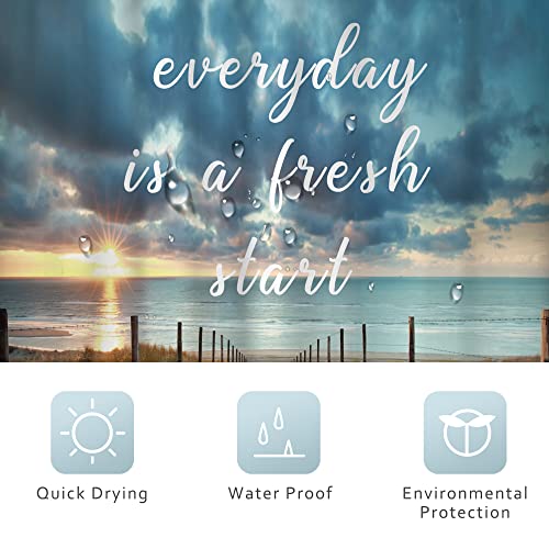 Riyidecor Ocean Beach Quote Shower Curtain 60Wx72H Inch Seaside Sunset Scenic Blue Sky Inspirational Nature Sunlight Landscape Sand Sea Bathroom Decor Polyester Waterproof 12 Pack Hooks - Image 3