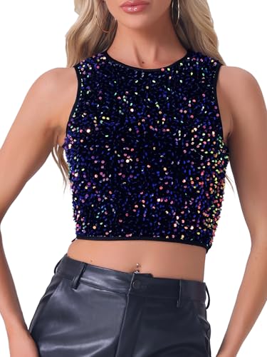 Allegra K Sequin Tops for Women's Sparkle Glitter Christmas Crew Neck Sleeveless Club Party Nightout Crop Tank Top X-Small Blue Purple