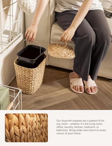 Image of Tidita 1.5 Gallon Wicker Wastebasket with Lid, Woven from Water Hyacinth | Hyacinth Construction, Woven Design, Removable Plastic Liner Included, Removable Lid, Iron Frame, Odor Proof, Versatile Use