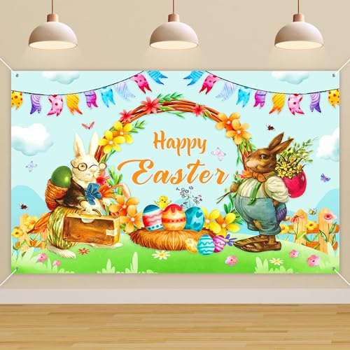 AWCIGG® Pancarta de Decoración de Pascua, Pancarta Grande de Fiesta de Happy Easter, Decoración Colgante de Fondo de Huevo de Pascua de Conejito, 180 x 110 cm