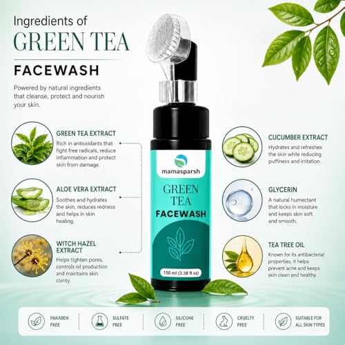Image of Green Tea Face Wash with Silicone Brush Applicator | Deep Cleansing Face Wash for Oily & Combination Skin | Gentle Foaming Cleanser for Men & Women | Removes Dirt, Excess Oil & Impurities | 150 ml
