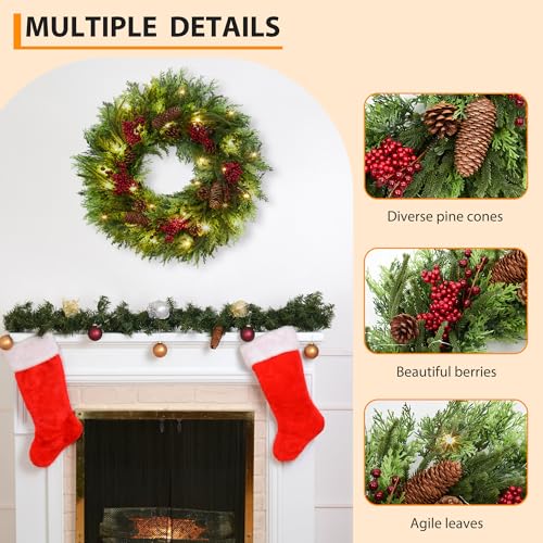 Garvee Christmas Wreath with Lights, 22 Inch Artificial Christmas Wreaths for Front Door, Battery Operated Xmas Wreath with Pine Cone and Berries, Christmas Decorations for Windows, Wall, Mantel