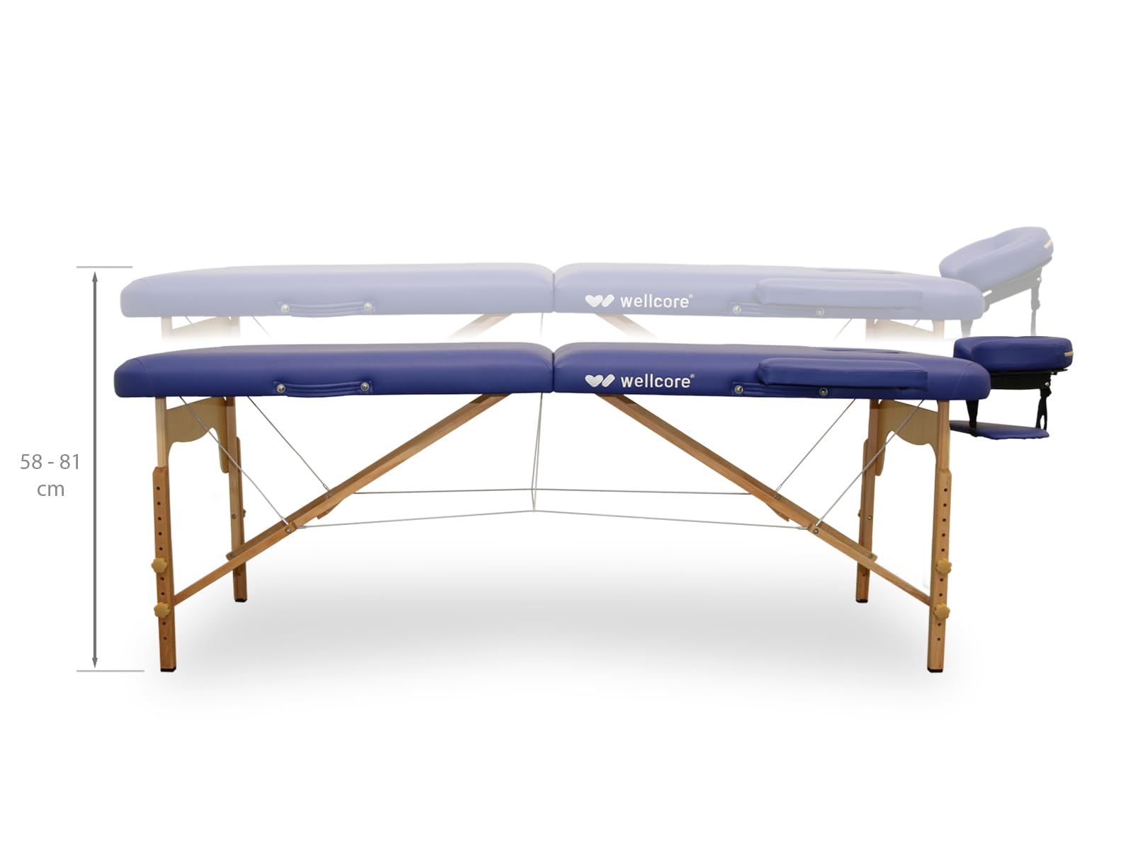 QUIRUMED Camilla de Masaje Plegable WELLCORE, Fabricada en Madera, Polipiel, 185 x 65 cm, Altura Regulable, Cabezal extraíble, Dos Brazos de ampliación, Agujero Facial, Color Blanco, hasta 225 kg