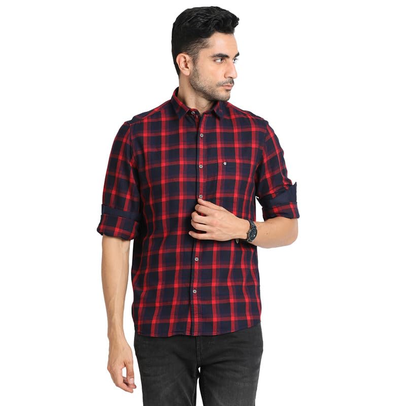 Image of Turtle Men 100% Cotton Indigo Navy Blue Checkered Slim Fit Full Sleeve Casual Shirt
