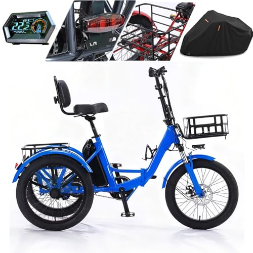 Bicicleta eléctrica plegable de 3 ruedas para adultos de protección incluida, neumáticos anchos de 20 x 2,5 pulgadas, 3 modos de conducción, con cesta de almacenamiento, asiento ajustable, triciclo