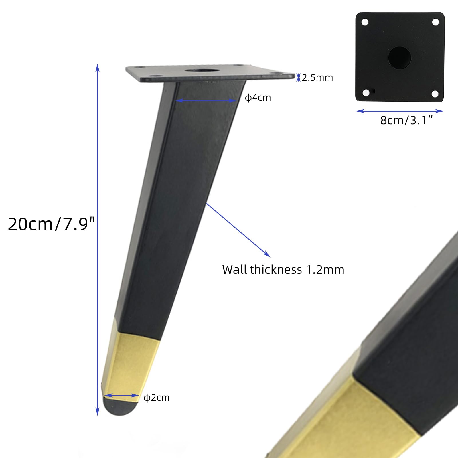 Generico Gambe per Mobili Piedini per Tavolo in Metallo da 20 cm 4 Pezzi Supporto in Ferro Nero E Oro Vernice Spray Piedini per Divano Altezza: 13-20 cm Piedini per Mobile da 20 cm/7,9"