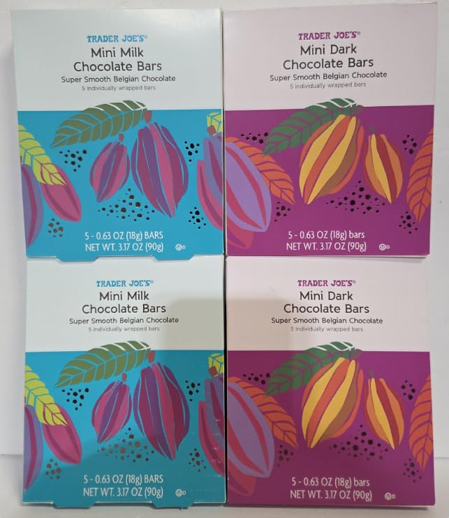 Trader Joe Mini barras de chocolate con leche y chocolate negro al 70% de cacao, 100 calorías, 3.17 onzas, 3.17 oz (cuatro cajas)