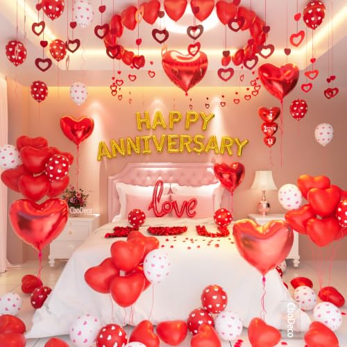 Happy Anniversary Decorations Red Heart Balloons Happy Anniversary Banner Heart Hanging String Rose Petals Romantic Decor for Wedding Valentines Day