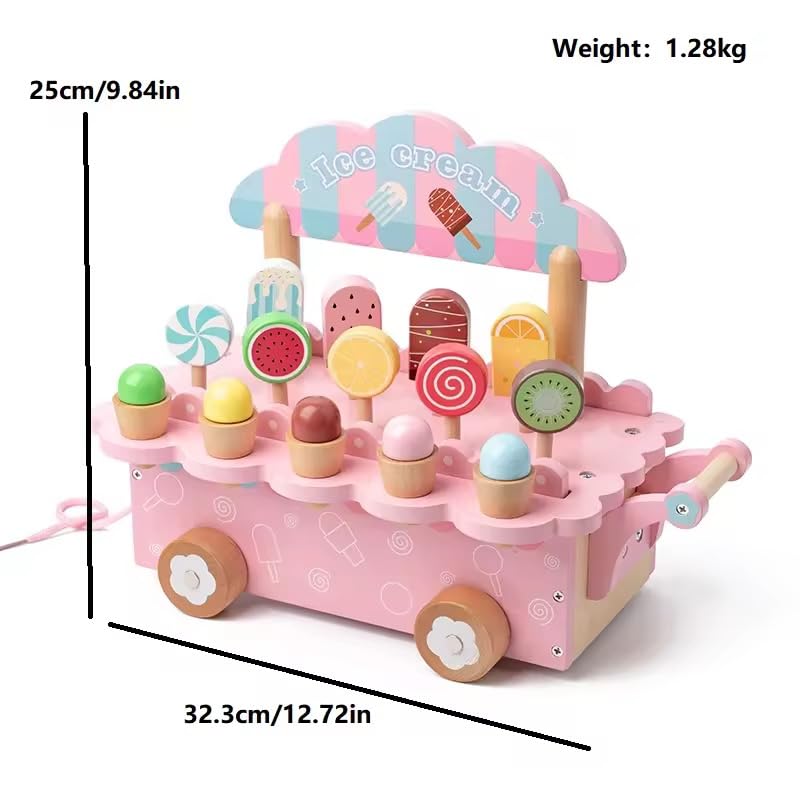 Image of Pink Wooden All in One Ice Cream Cart | Montessori Activity Toy for Kids | Pretend Play Ice Cream Set | Early Learning Educational Toy | Multicolor | 3+ Years