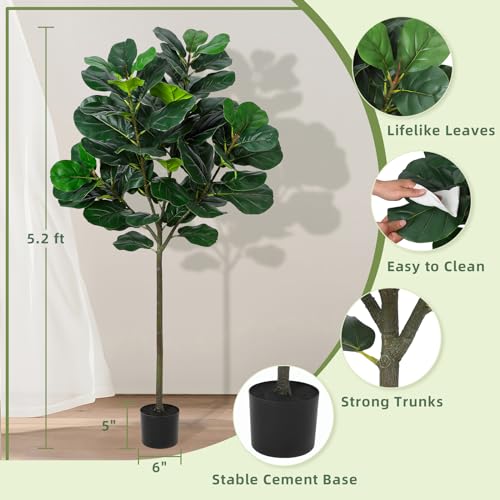 GlowSol 5.2 Ft Artificial Fiddle Leaf Fig Tree, Faux Ficus Lyrata Plant with 62 Fiddle Leaves, Tall Fake Plants Large Floor Plant with Pot for Indoor Living Room House Office Decor Housewarming Gift