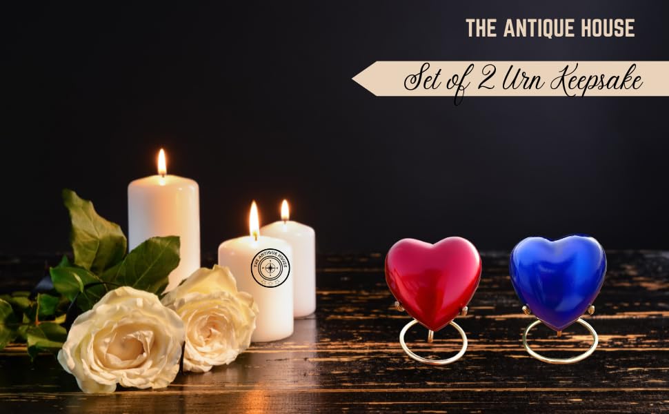 Set of 2 Red and Blue Keepsake Mini Heart Cremation Urn with Brass Stand - for Your Loved One & Human Ashes & Perfect Urn for Gift - Image 2
