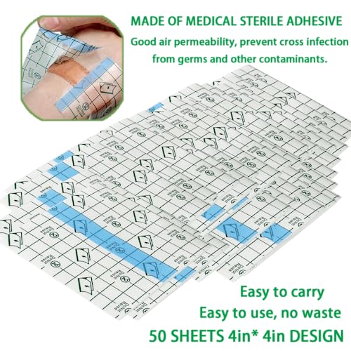 Image of 50 Pieces 4 x 4 in Stretch Waterproof Adhesive Bandages Transparent Film for Tattoo Aftercare and Skin Repair Adhesive Tattoo Supply Wrap