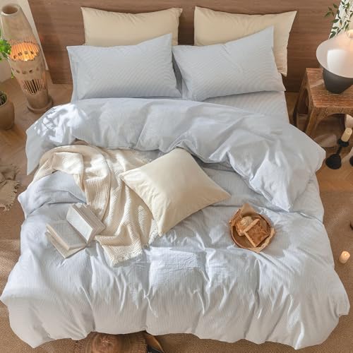 Image of MooMee Striped Duvet Cover Set 100% Washed Cotton Linen Like | Relaxed Linen-like Texture. Soft, Breathable & Long-lasting Comfort. Lightweight. Hidden Zipper with 8 Interior Corner Ties