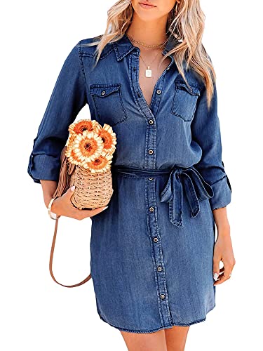 Acrawnni Damen Langarm Denim Hemdkleider Button Down Revers Slim Fit Tunika Jeans Kleid mit Gürtel Streetwear, dunkelblau, Medium